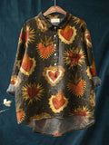 Vintage Lovely Hearts Art Print Casual Cotton And Linen Shirt