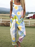 Women's Cute Duck Flower Painting Art Print Casual Wide Leg Jumpsuit