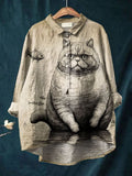 Women's Vintage Cat Lover Art Print Casual Cotton And Linen Shirt