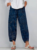 Vintage Japanese Sashiko Art Linen Blend Cropped Casual Pants