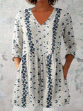 Women's Elegant Floral Pattern Round Neck Cotton and Linen Top