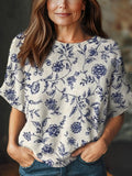 Women's Vintage Floral Art Print Casual Crew Neck Short Sleeve Knitted Sweater