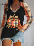 Women's Pumpkin Season Print Casual V-Neck Long-Sleeved T-Shirt