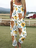Women's Funny Highland Cows Flower Art Print Casual Wide Leg Jumpsuit