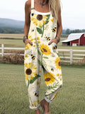 Women's Lovely Sunflower Bees Pattern Art Print Casual Cotton Wide Leg Jumpsuit