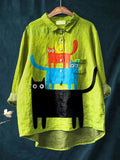 Women's Cat Art Print Casual Cotton And Linen Shirt
