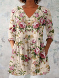 Women's Elegant Floral Pattern Round Neck Cotton and Linen Top