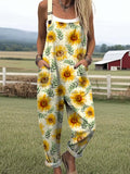 Women's Lovely Sunflowers Art Print Casual Wide Leg Jumpsuit