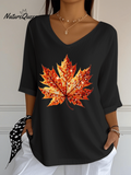 Women's Sequined Maple Leaf Pumpkin Printed Jacquard Fabric Casual V-Neck Top