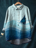 Watercolor Sailing Boat Art Printed Women's Casual Cotton And Linen Shirt