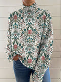 Vintage Ethnic Art Flower Print Knit Turtleneck Pullover Sweater