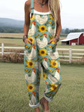 Airpears Women's Lovely Chicken Sunflowers Art Print Casual Wide Leg Jumpsuit