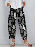Black and White Cat Line Print Linen Casual Pants