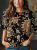Women's Vintage Ethnic Art Flower Print Casual Crew Neck Short Sleeve Knitted Sweater