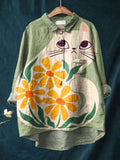 Women's Fresh White Cats and Flowers Print Casual Cotton And Linen Shirt