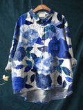 Vintage Lovely Floral Art Print Casual Cotton And Linen Shirt
