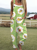 Women's Funny Farm Bee Art Print Casual Cotton Wide Leg Jumpsuit