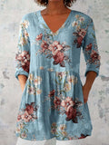 Women's Elegant Floral Pattern Round Neck Cotton and Linen Top