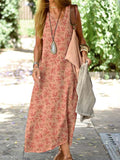 Women's Resort Style Floral Pattern Vest Style Loose Cotton and Linen Dress