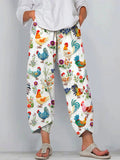 Farm Chicken Embroidery Pattern Linen Blend Pants