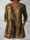 Women's Retro Leopard Print Casual Cotton And Linen V-neck Top