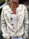 Women's Vintage Art Flower Print Buttoned Cardigan Sweater