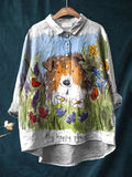 Vintage Lovely Dog Floral Art Print Casual Cotton And Linen Shirt