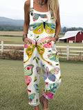 Women's Vintage Butterfly Art Print Casual Wide Leg Jumpsuit