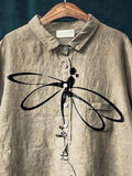 Let It Be Dragonfly Art Pattern Print Casual Cotton And Linen Shirt