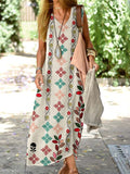 Women's Elegant Simple Geometric Floral Pattern Loose Vest Cotton and Linen Dress