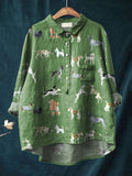 Vintage Lovely Dogs Art Print Casual Cotton And Linen Shirt