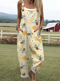 Women's Funny Farm Bee Art Print Casual Cotton Wide Leg Jumpsuit