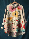 Elegant And Casual Plants And Flowers Print Cotton And Linen Shirt