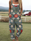 Women's Vintage Flower Art Print Casual Wide Leg Jumpsuit