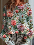 Women's Vintage Flower Art Print Casual Pullover Sweater