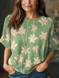 Women's Vintage Floral Art Print Casual Crew Neck Short Sleeve Knitted Sweater