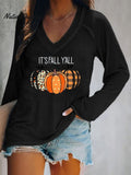 Halloween Bats Print V-neck Long Sleeve Casual T-Shirt