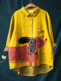 Women's Dog Art Print Casual Cotton And Linen Shirt