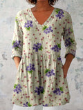 Women's Elegant Floral Pattern Round Neck Cotton and Linen Top