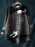Women's Funny Cat Art Print Casual Cotton And Linen Shirt