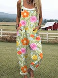 Women's Vintage Flower Art Print Casual Wide Leg Jumpsuit