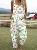 Women's Vintage Bee Floral Art Print Casual Wide Leg Jumpsuit