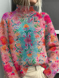 Vintage Floral Symmetry Art Print Knit Turtleneck Pullover Sweater
