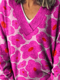 Vibrant Pink Floral Pattern Printed Knit V-Neck Pullover Sweater