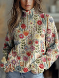 Women's Vintage Floral Art Print Knit Turtleneck Pullover Sweater