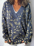 Vintage Lovely Floral Art Print Knit V-neck Pullover Sweater