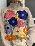 Vintage Floral Art Print Knit Turtleneck Pullover Sweater