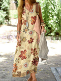 Women's Elegant Floral Cotton and Linen Loose Tank Top Dress
