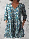 Women's Retro Floral Art Print Casual Cotton And Linen V-neck Top