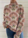 Women's Vintage Ethnic Art Flower Print Knit Turtleneck Pullover Sweater